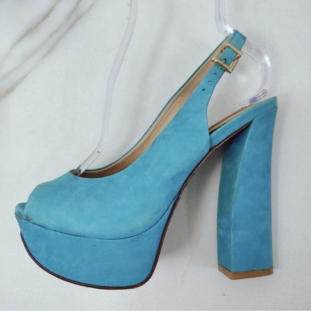 Schutz Turquoise Leather Textile Y2K Style Chunky Platform Peep Toe Heels, 7 - Picture 1 of 15